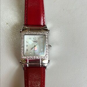 Red Leather Strap Silver Square Watch